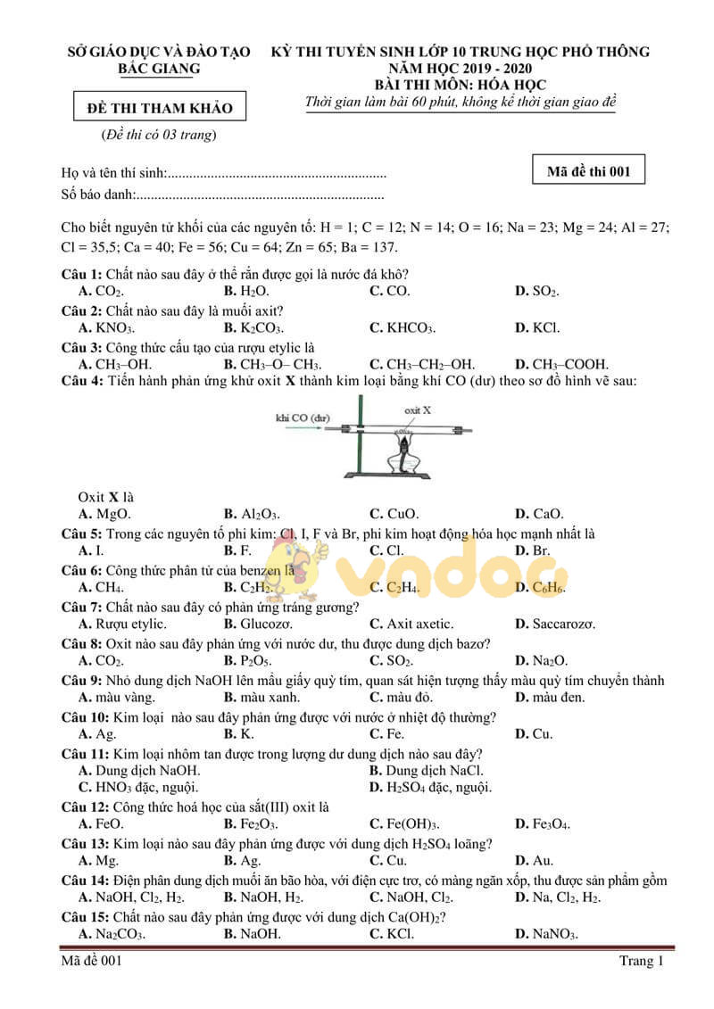Đề thi tham khảo vào lớp 10 môn Hóa học Sở GD&ĐT Bắc Giang năm học 2019 - 2020