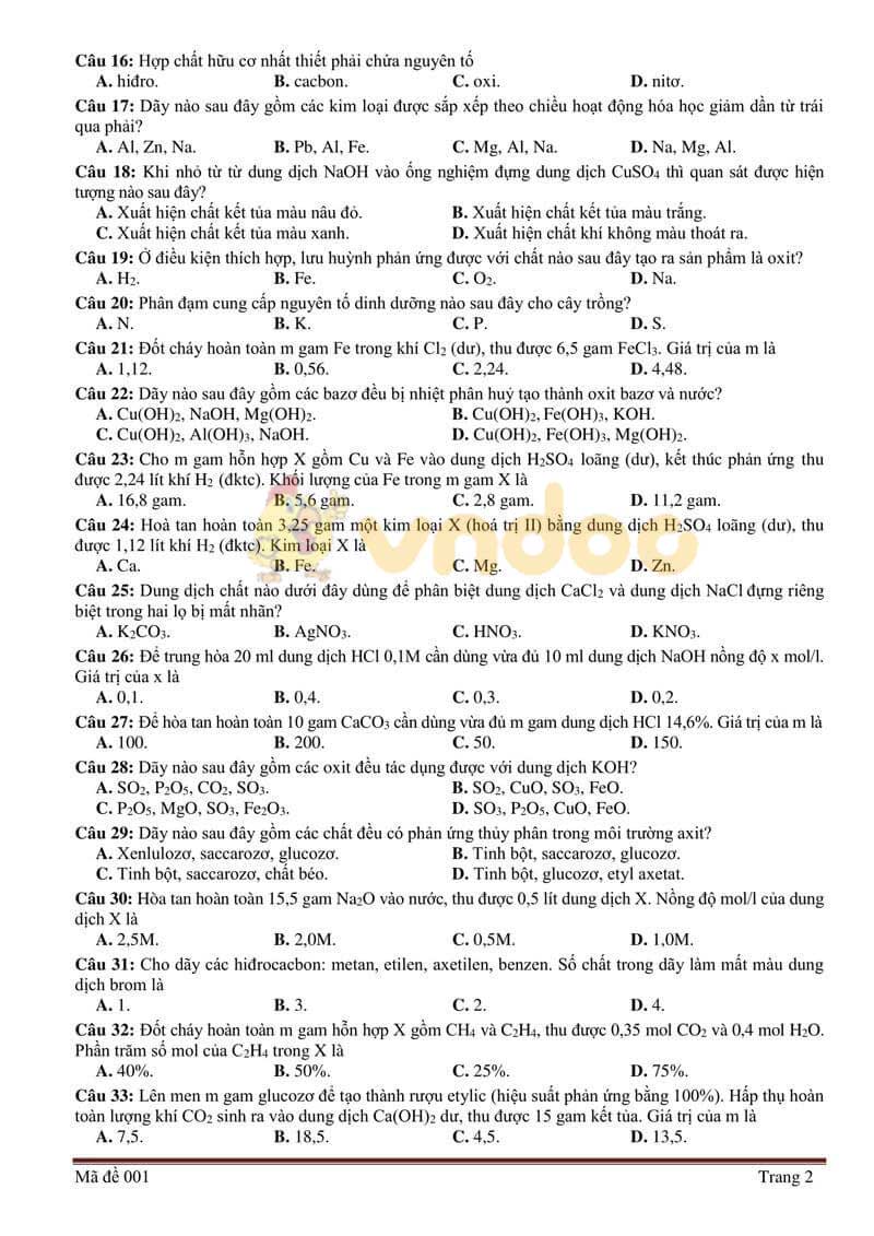 Đề thi tham khảo vào lớp 10 môn Hóa học Sở GD&ĐT Bắc Giang năm học 2019 - 2020