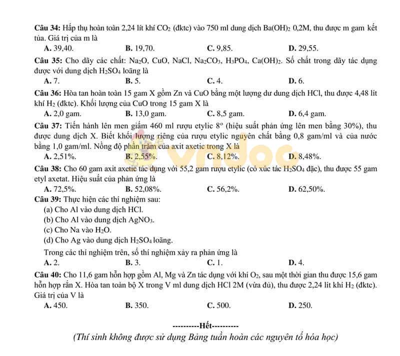 Đề thi tham khảo vào lớp 10 môn Hóa học Sở GD&ĐT Bắc Giang năm học 2019 - 2020
