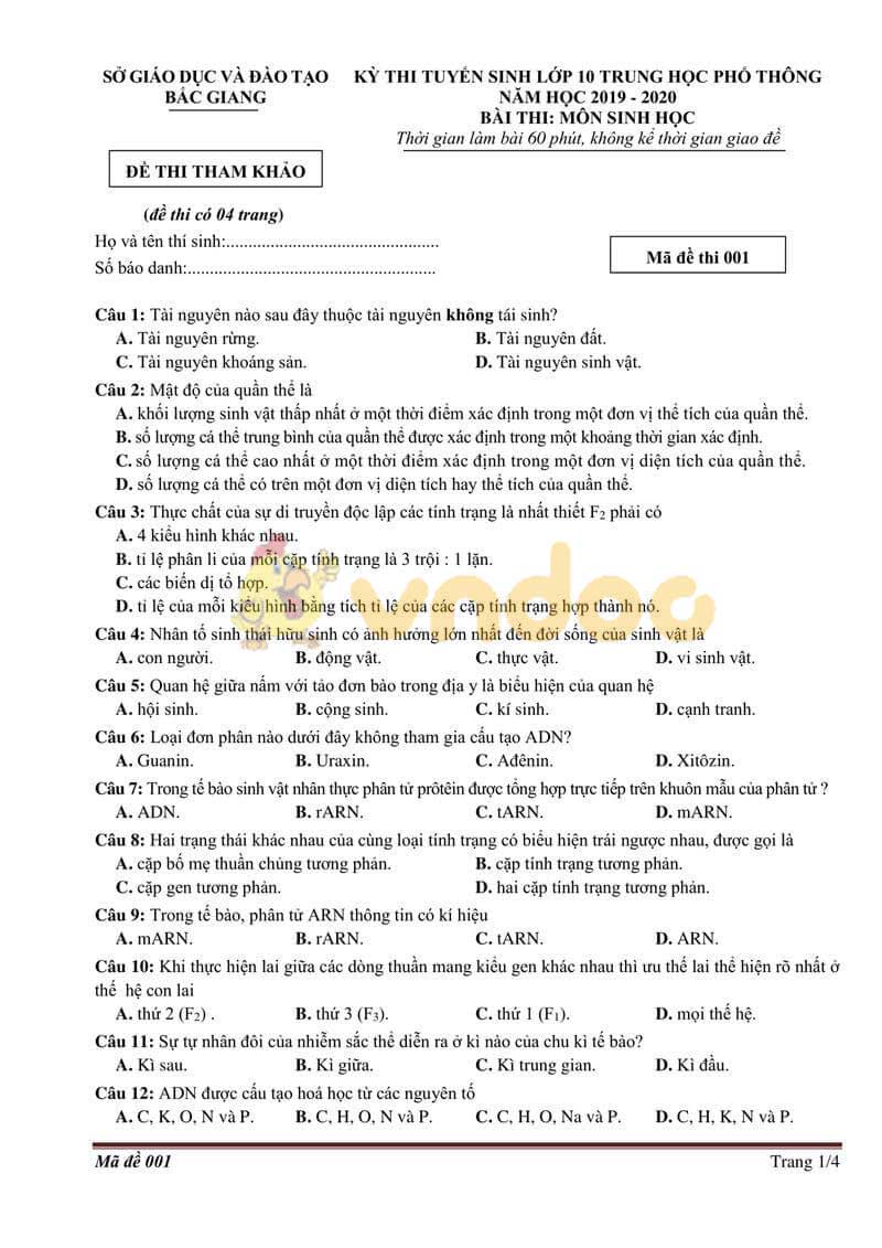 Đề thi tham khảo vào lớp 10 Sinh học Sở GD&ĐT Bắc Giang năm học 2019 - 2020