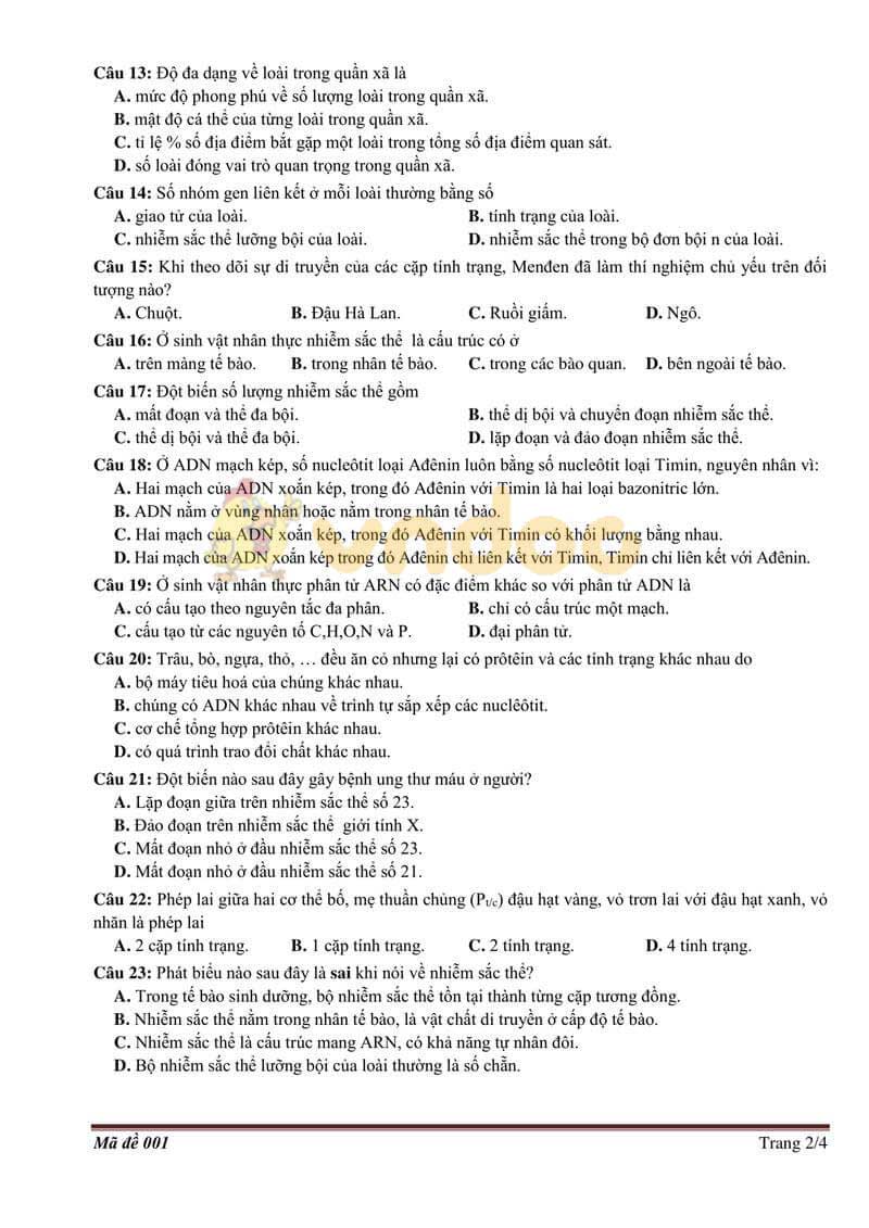Đề thi tham khảo vào lớp 10 Sinh học Sở GD&ĐT Bắc Giang năm học 2019 - 2020