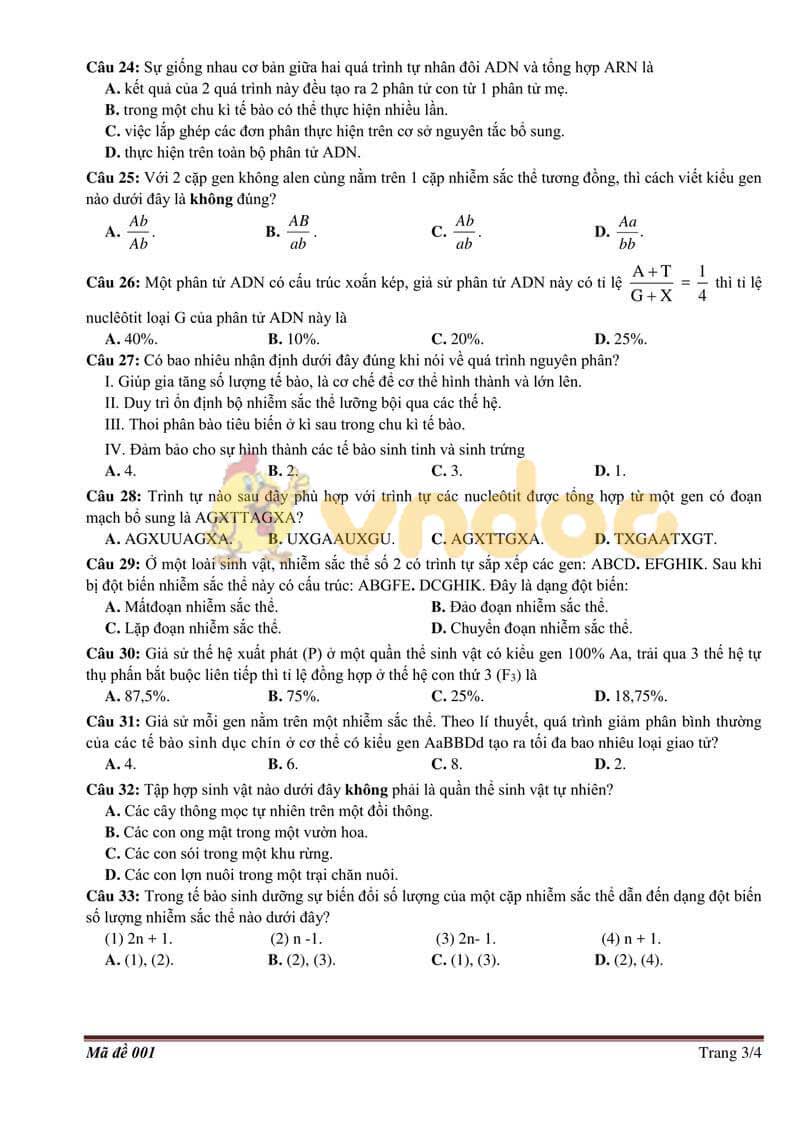 Đề thi tham khảo vào lớp 10 Sinh học Sở GD&ĐT Bắc Giang năm học 2019 - 2020