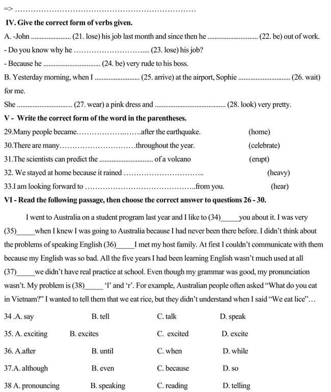 Đề thi vào lớp 10 môn Tiếng Anh