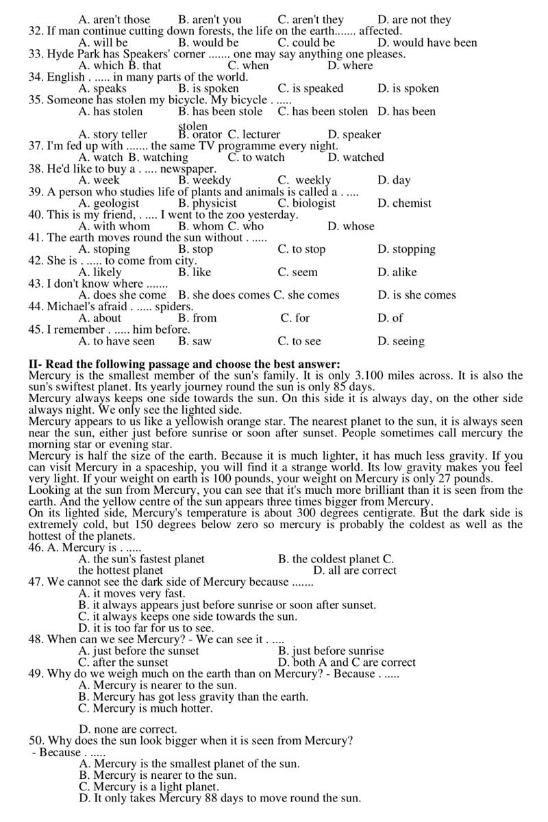 Đề thi vào lớp 10 môn Tiếng Anh