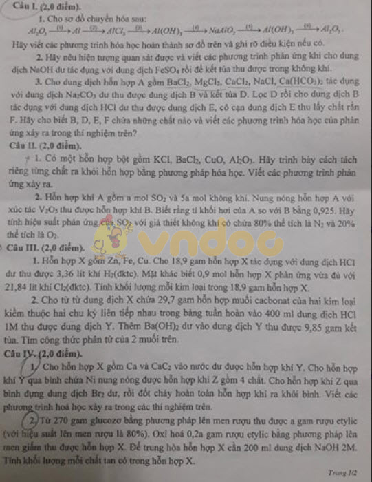 Đề thi tuyển sinh vào lớp 10 môn Hóa học THPT Chuyên Sở GD&ĐT Hưng Yên năm học 2019 - 2020