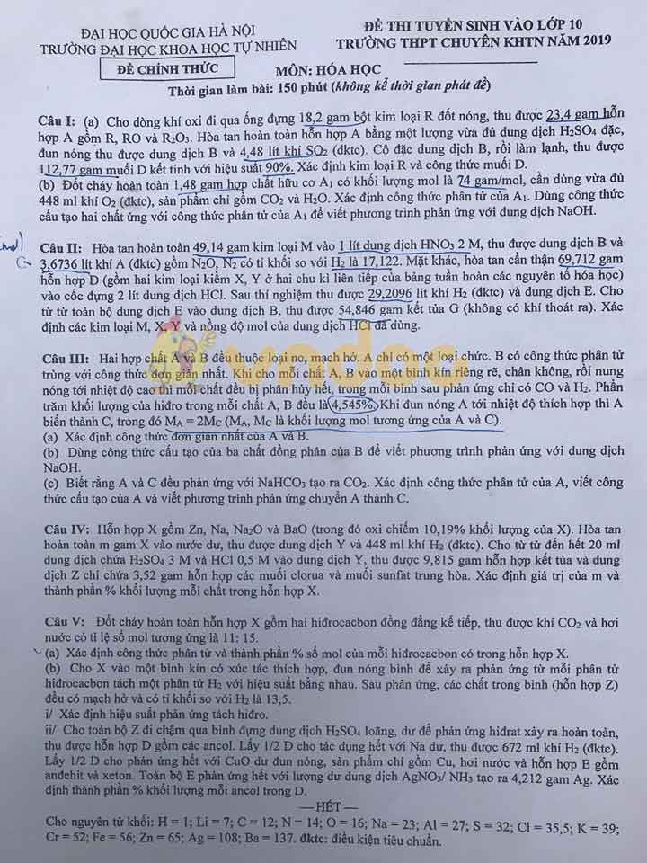 Đề thi tuyển sinh vào lớp 10 môn Hóa học Trường THPT Chuyên KHTN, Hà Nội năm học 2019 - 2020