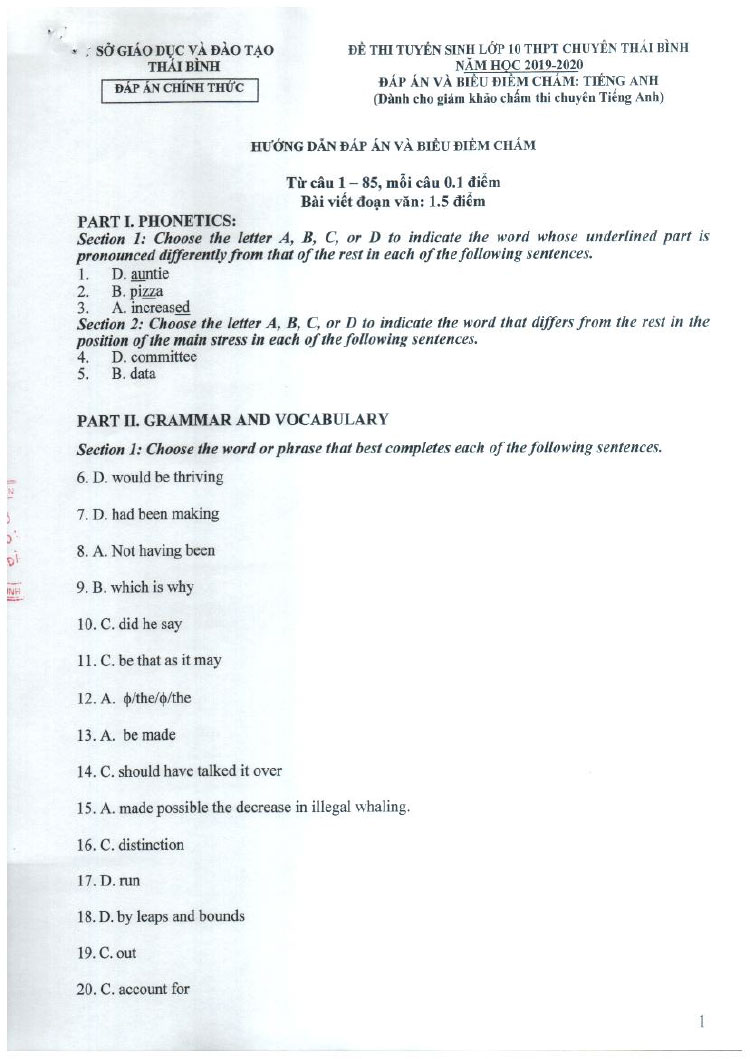 Đề thi vào lớp 10 chuyên Tiếng Anh