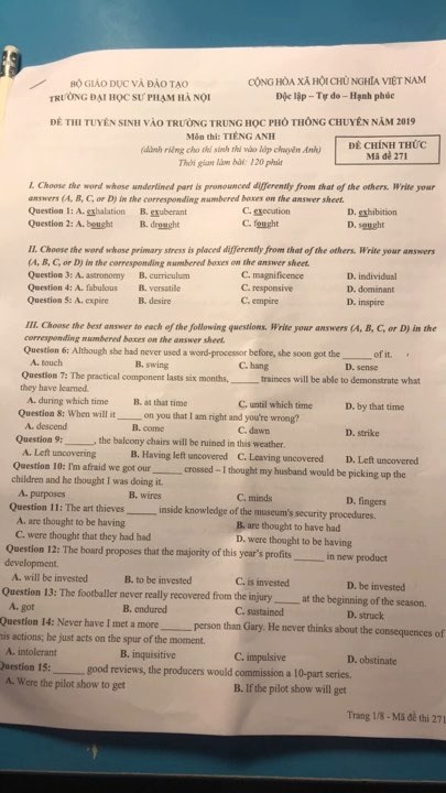 Đề thi vào lớp 10 chuyên Tiếng Anh