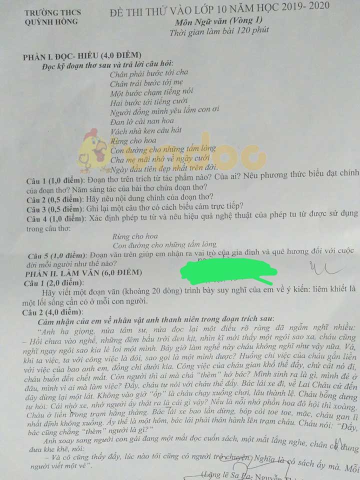Đề thi thử vào lớp 10 môn Ngữ văn Trường THCS Quỳnh Hồng năm học 2019 - 2020 (vòng 1)