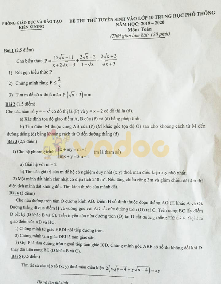Đề thi thử vào lớp 10 môn Toán Phòng GD&ĐT Kiến Xương năm học 2019 - 2020