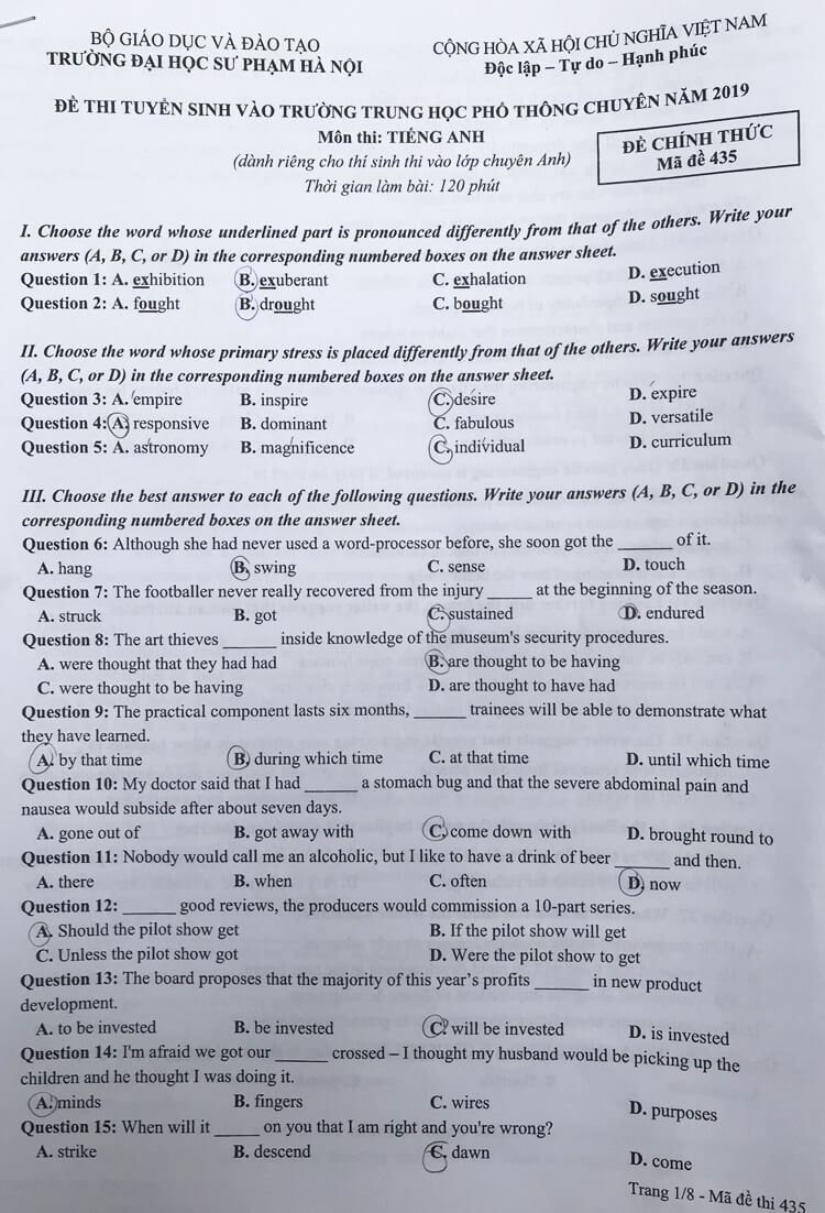 Đề thi vào lớp 10 chuyên Tiếng Anh