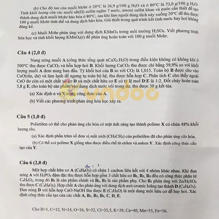 Đề thi tuyển sinh vào lớp 10 môn Hóa học Trường Phổ Thông Năng Khiếu, Hồ Chí Minh năm học 2019 - 2020