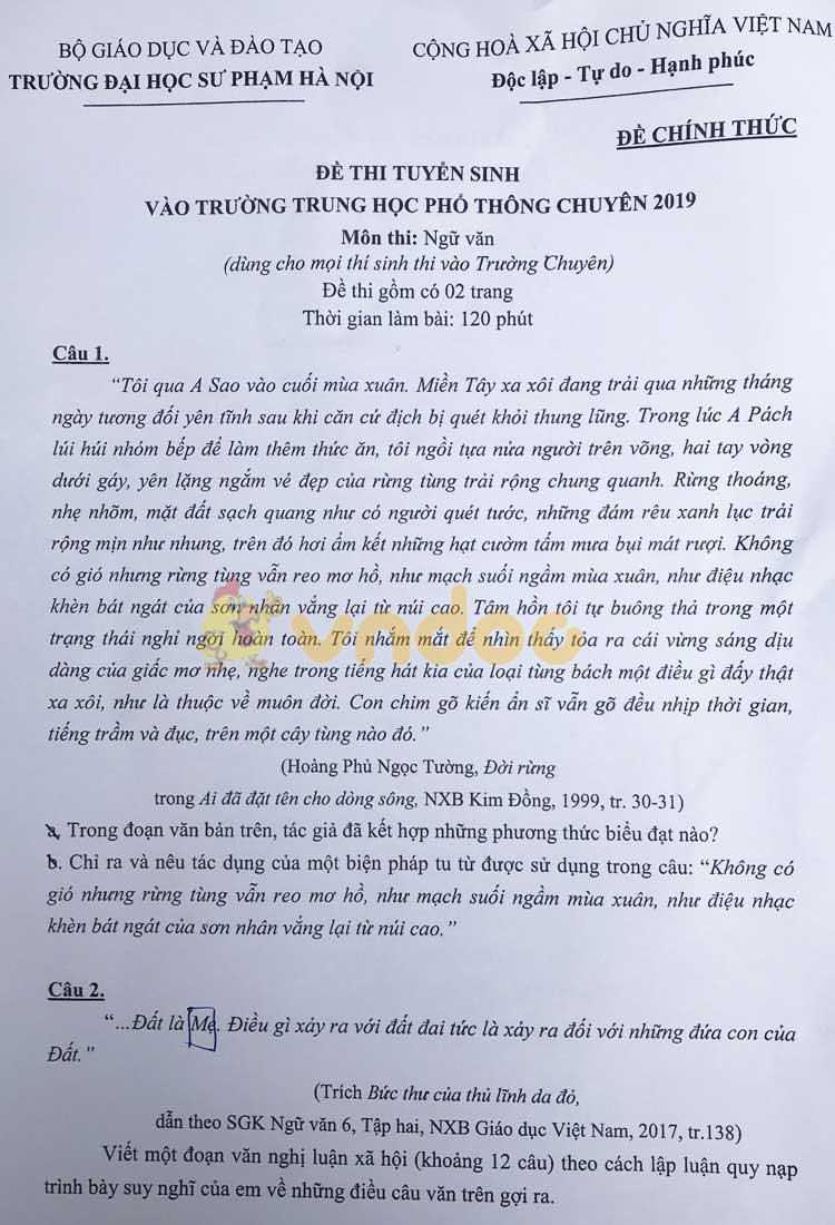 Đề thi tuyển sinh vào lớp 10 môn Ngữ văn THPT Chuyên Sư Phạm Hà Nội năm học 2019 - 2020