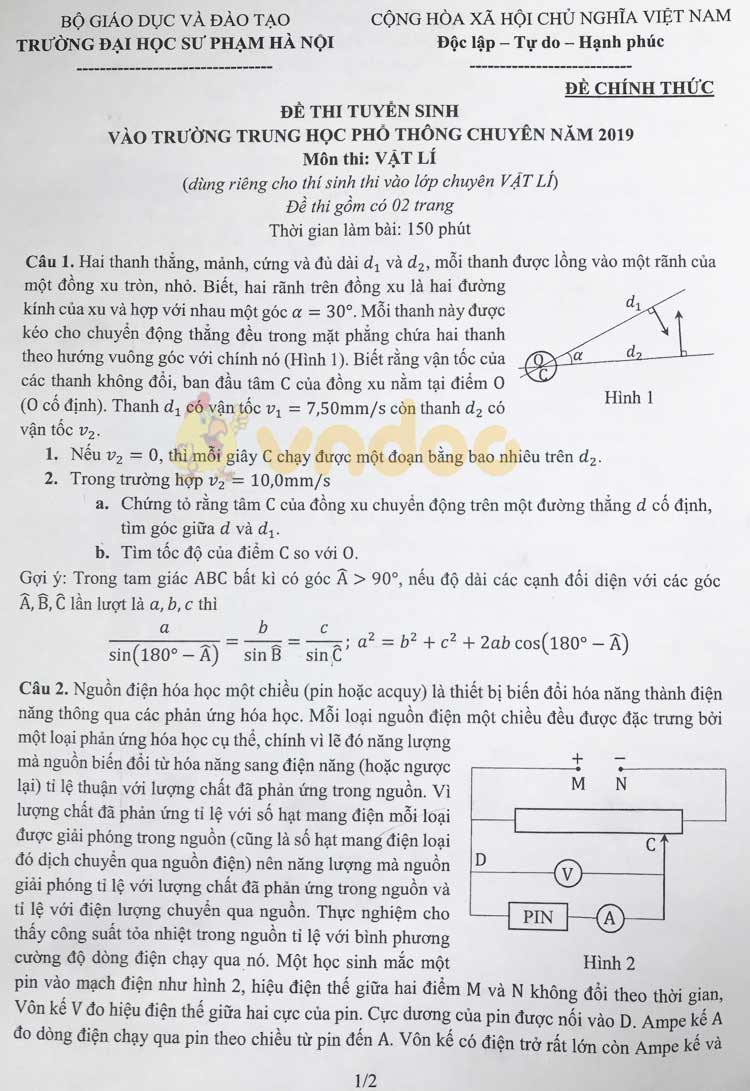 Đề thi tuyển sinh vào lớp 10 môn Vật lý THPT Chuyên Sư Phạm Hà Nội năm học 2019 - 2020 (chuyên Lý)