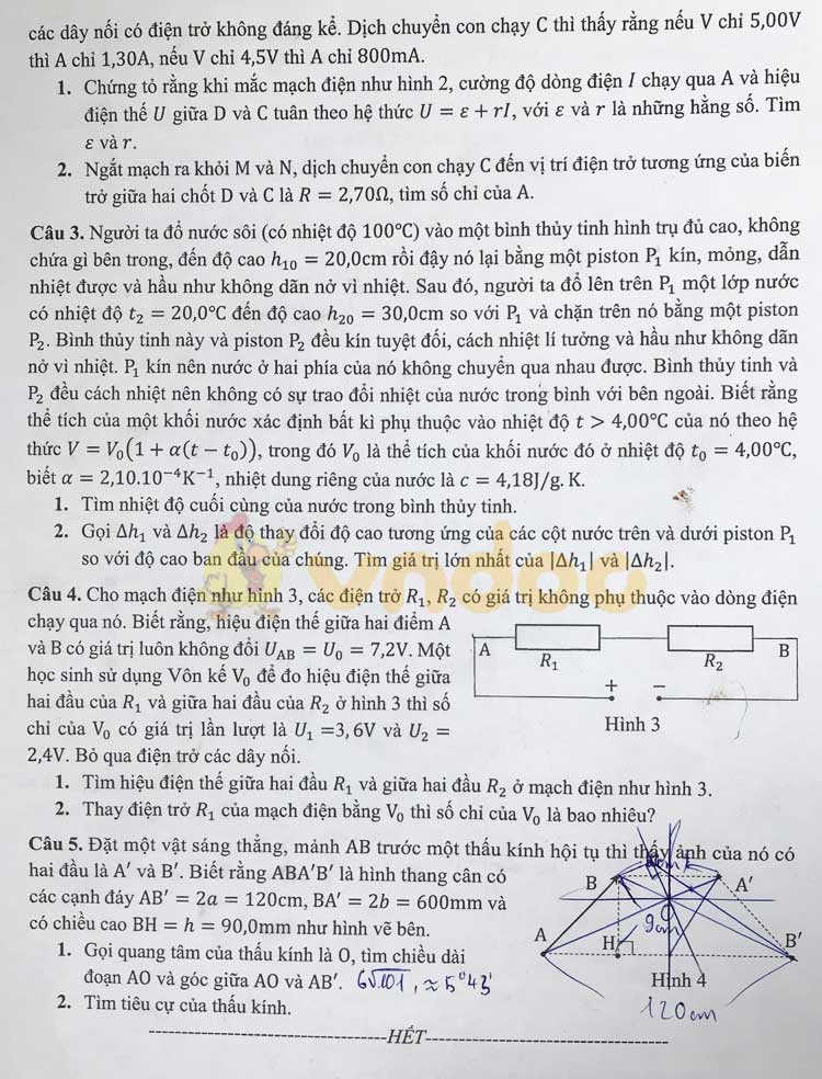 Đề thi tuyển sinh vào lớp 10 môn Vật lý THPT Chuyên Sư Phạm Hà Nội năm học 2019 - 2020 (chuyên Lý)