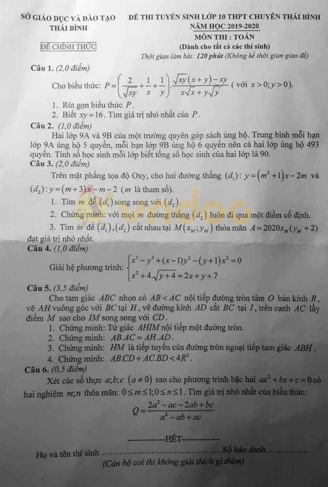 Đề thi tuyển sinh vào lớp 10 môn Toán THPT Chuyên Sở GD&ĐT Thái Bình năm học 2019 - 2020 (đề chung)