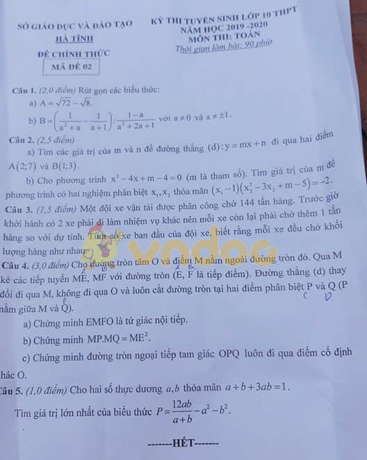 Đáp án đề thi vào lớp 10 môn Toán tỉnh Hà Tĩnh 2019