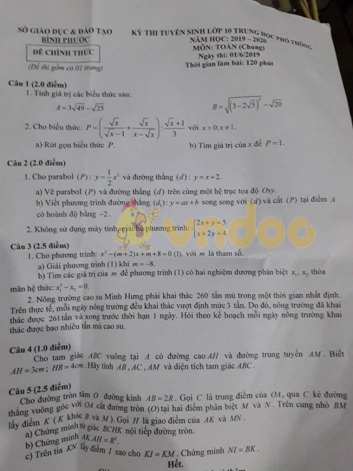 Đáp án đề thi vào lớp 10 môn Toán tỉnh Bình Phước năm 2019