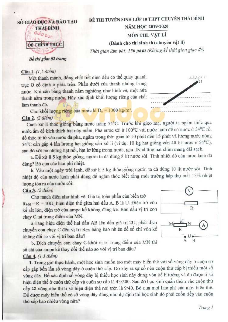 Đề thi tuyển sinh vào lớp 10 môn Vật lý THPT Chuyên Sở GD&ĐT Thái Bình năm học 2019 - 2020 (chuyên Lý)