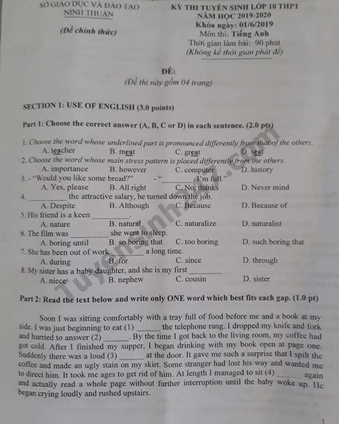 Đề thi vào lớp 10 môn Tiếng Anh