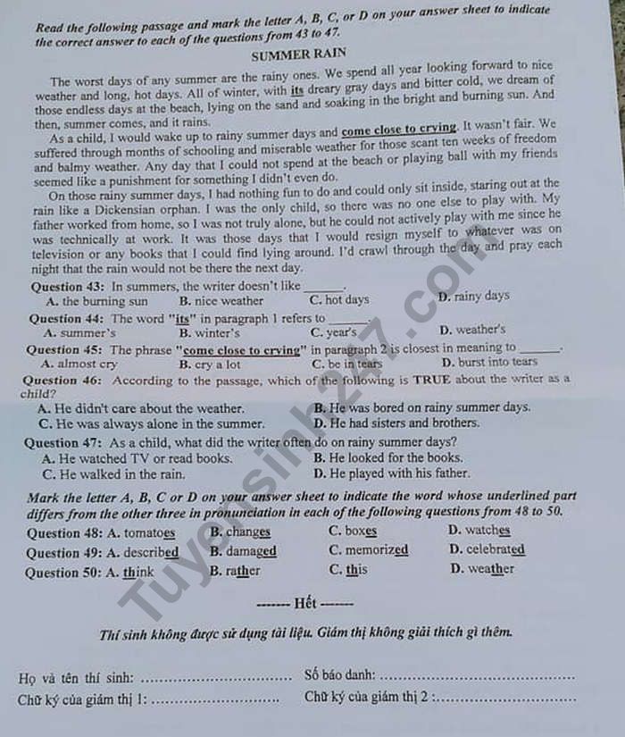 Đề thi vào lớp 10 môn Tiếng Anh