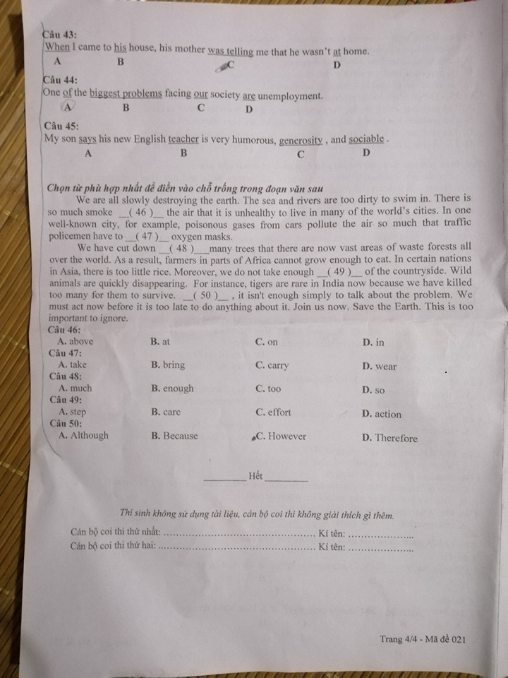 Đề thi vào lớp 10 môn Tiếng Anh