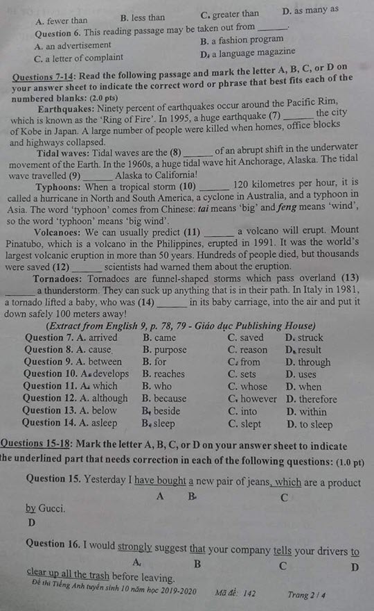 Đề thi vào lớp 10 môn Tiếng Anh