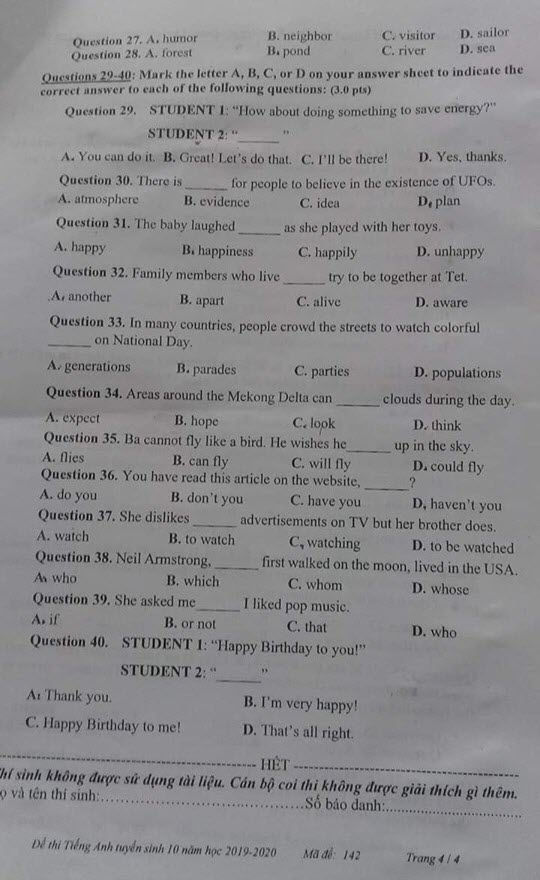 Đề thi vào lớp 10 môn Tiếng Anh