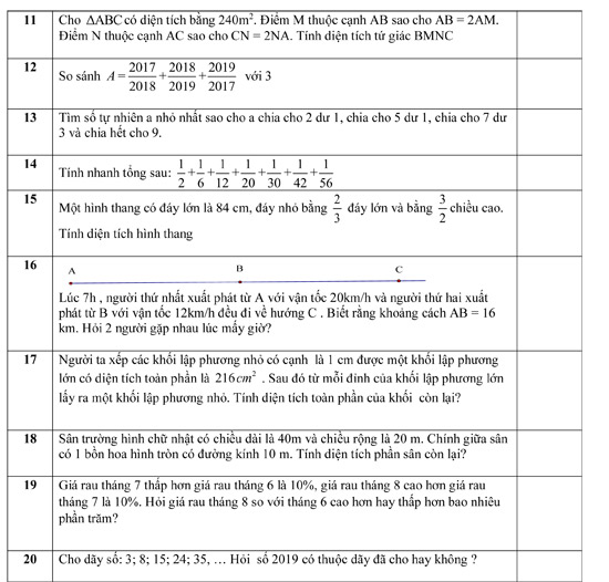 Đề thi tuyển sinh vào lớp 6 môn Toán