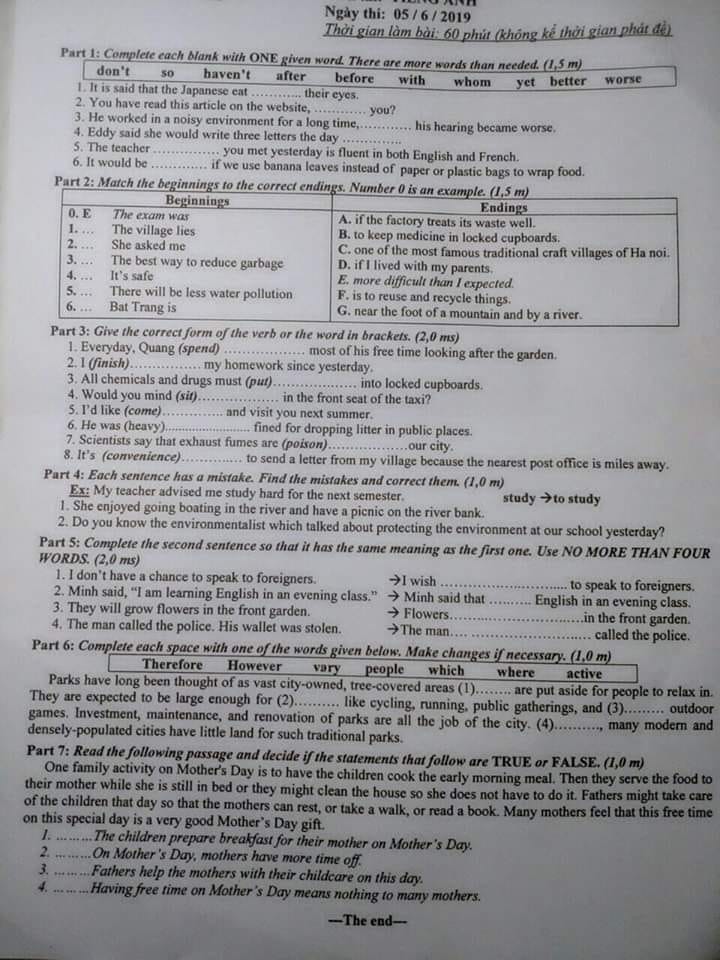 Đề thi vào lớp 10 môn Tiếng Anh