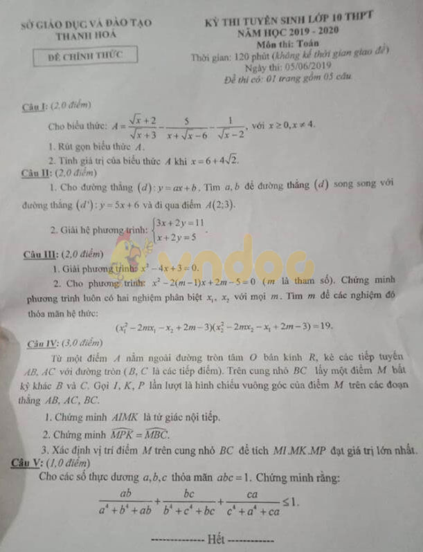 Đáp án đề thi vào lớp 10 môn Toán tỉnh Thanh Hóa năm 2019
