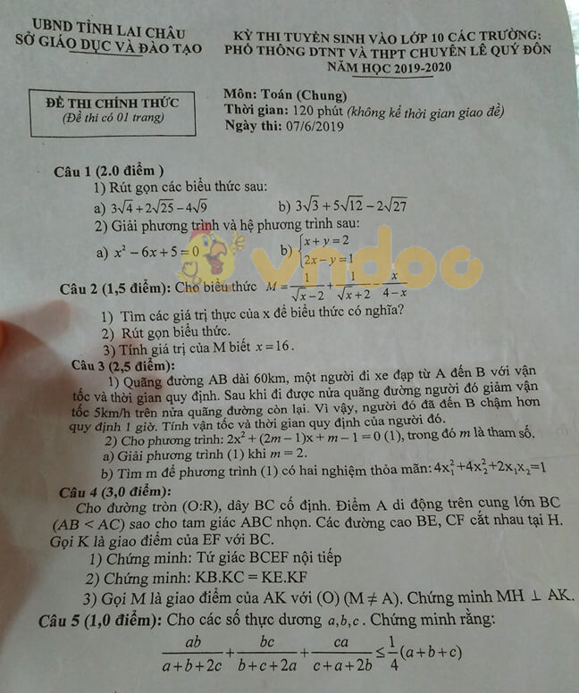 Đề thi vào lớp 10 môn Toán trường Chuyên Lê Quý Đôn - Lai Châu năm 2019 - 2020 (đề chung)