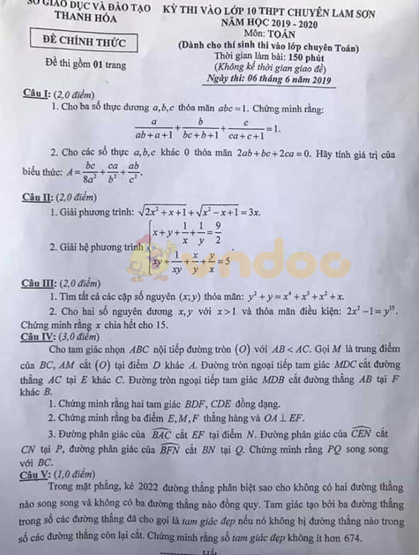 Đề thi vào lớp 10 môn Toán THPT Chuyên Lam Sơn - Thanh Hóa năm 2019