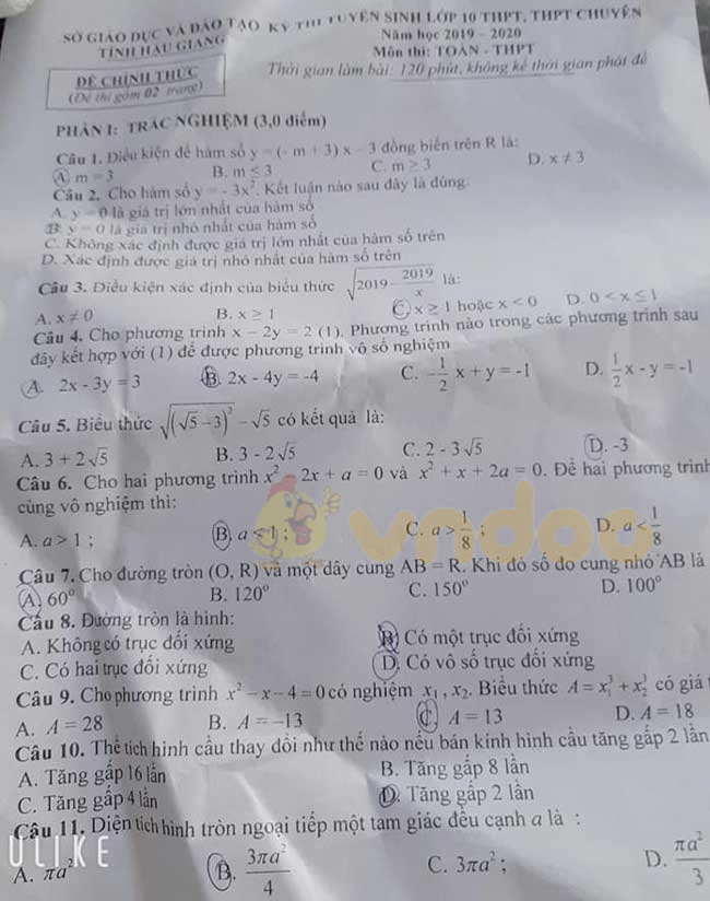 Đáp án đề thi vào lớp 10 môn Toán tỉnh Hậu Giang năm 2019