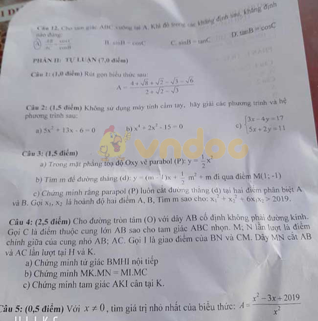 Đáp án đề thi vào lớp 10 môn Toán tỉnh Hậu Giang năm 2019