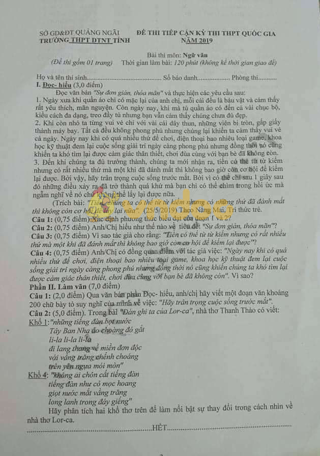 Đề thi thử môn Ngữ văn năm 2019
