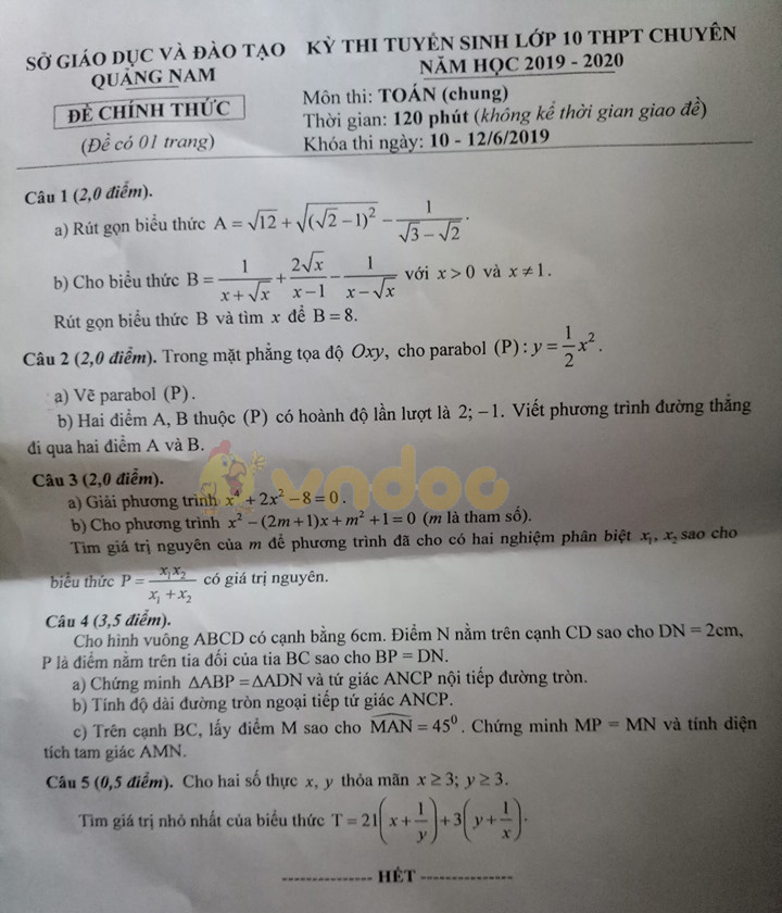 Đề thi vào lớp 10 môn Toán Chuyên 2019 tỉnh Quảng Nam (đề chung)