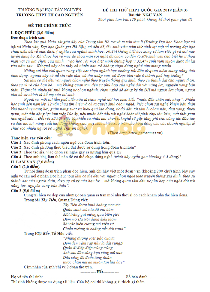 Đáp án đề thi thử THPT Quốc gia môn Ngữ văn năm 2019