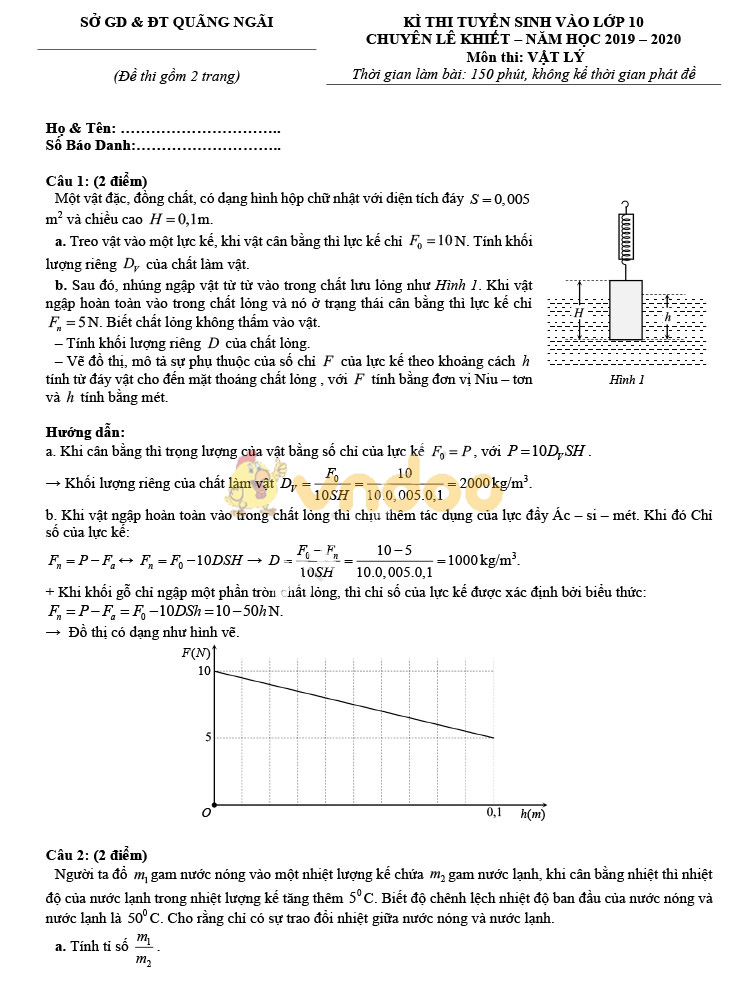 Đề thi vào lớp 10 môn Vật lý 2019 THPT Chuyên Lê Khiết - Quảng Ngãi