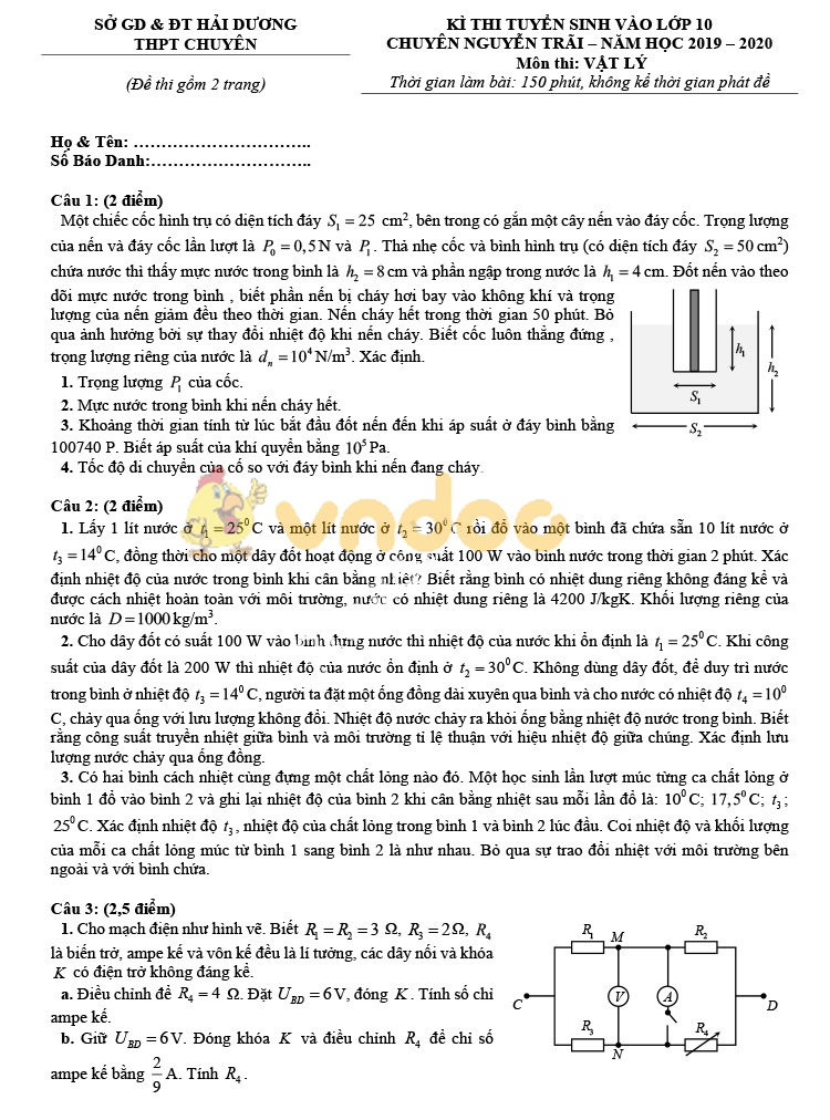 Đề thi vào lớp 10 môn Vật lý 2019 THPT Chuyên Nguyễn Trãi - Hải Dương