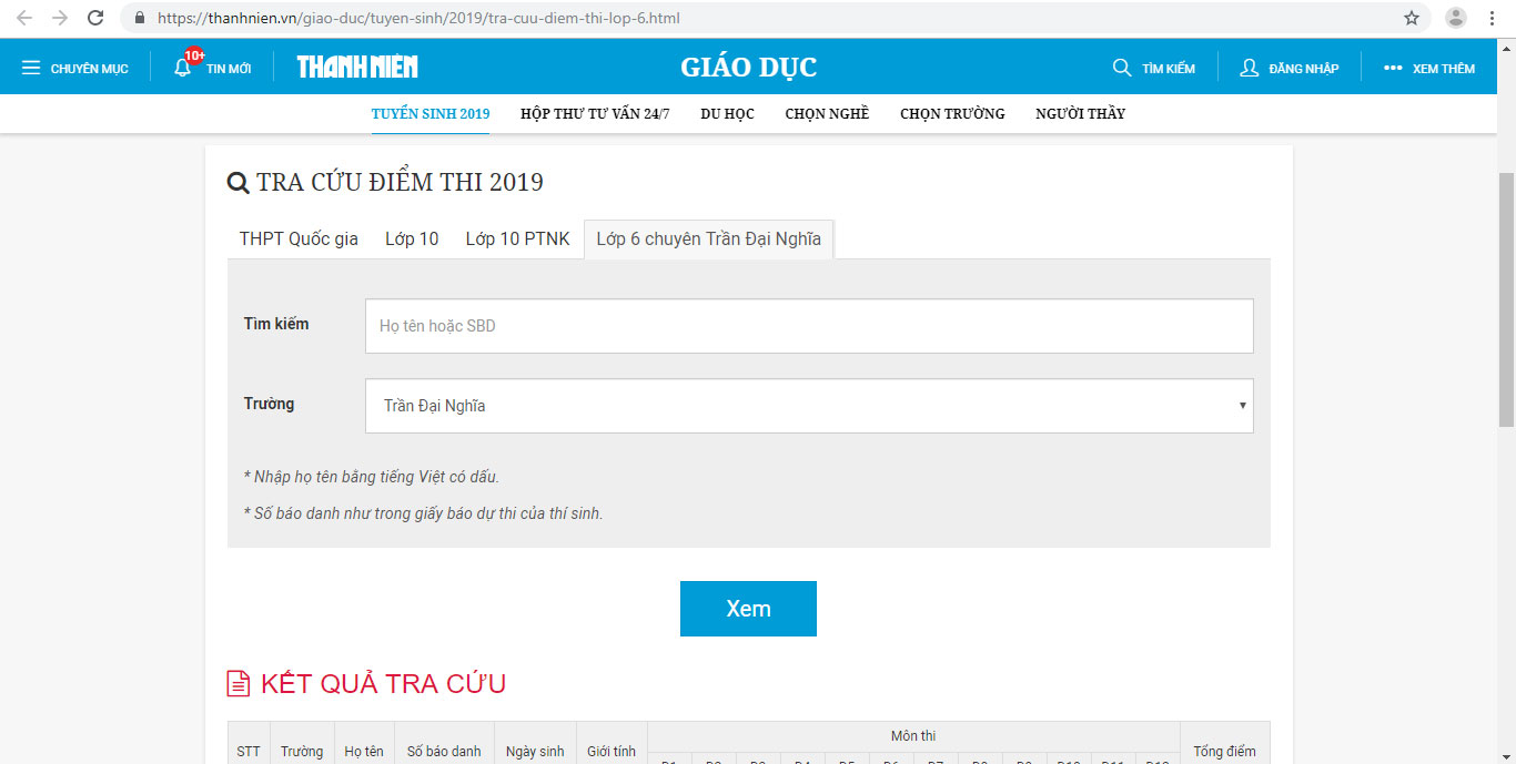 Điểm thi lớp 6 Trần Đại Nghĩa
