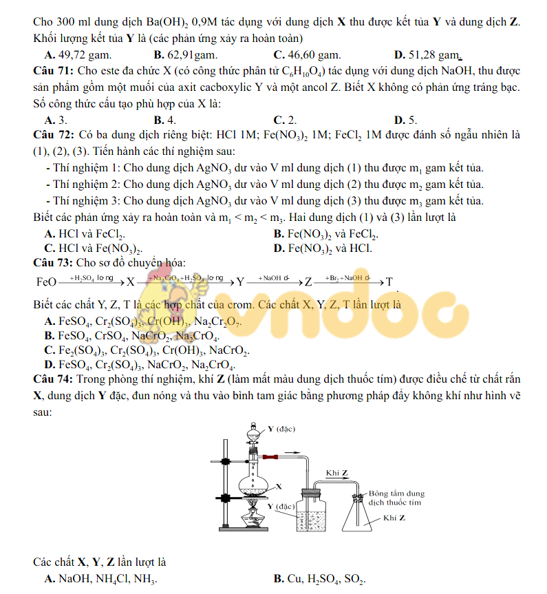 Đáp án đề thi thử THPT Quốc gia môn Hóa học