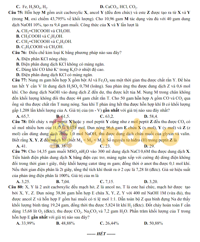 Đáp án đề thi thử THPT Quốc gia môn Hóa học