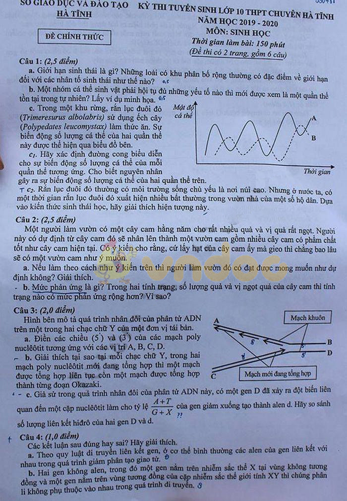 Đề thi vào lớp 10 môn Sinh học Chuyên 2019 tỉnh Hà Tĩnh
