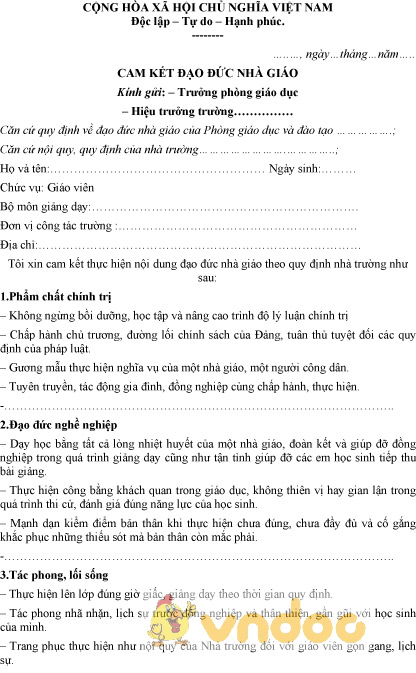 Mẫu cam kết đạo đức nhà giáo