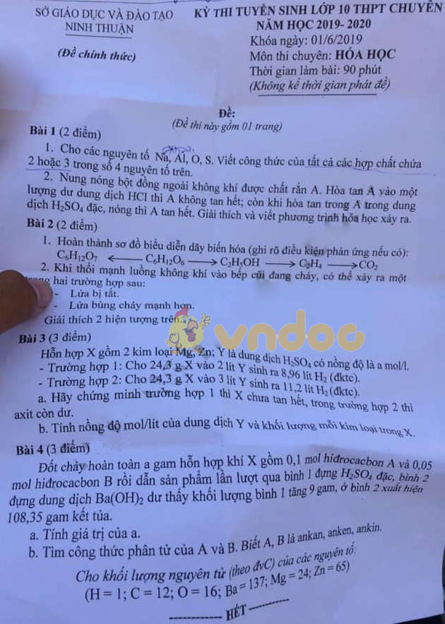 Đề thi vào lớp 10 môn Hóa học Chuyên 2019 tỉnh Ninh Thuận