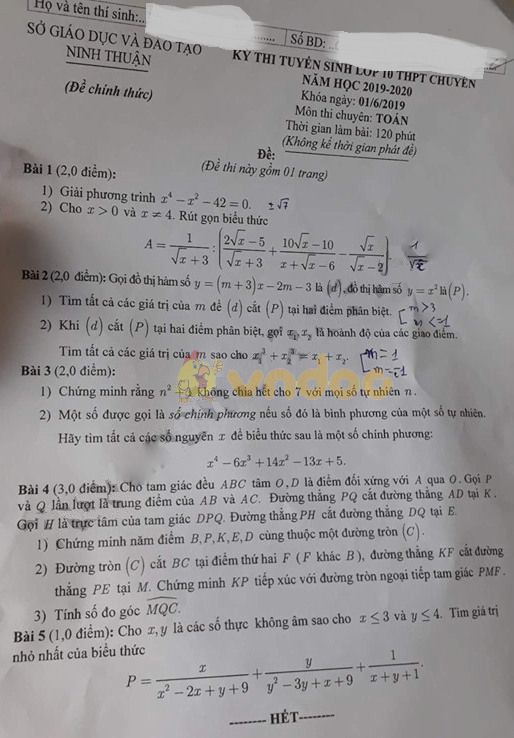 Đề thi vào lớp 10 môn Toán Chuyên 2019 tỉnh Ninh Thuận