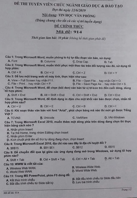 Đề thi viên chức bình định