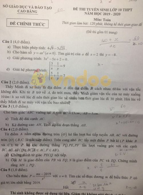 Đáp án đề thi vào lớp 10 môn Toán tỉnh Cao Bằng năm 2019