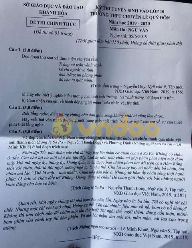 Ä'á» Thi Vao Lá»›p 10 Mon VÄƒn Chuyen 2019 Tá»‰nh Khanh Hoa Ä'á» Thi Chuyen VÄƒn Vao Lá»›p 10 NÄƒm 2019 Vndoc Com